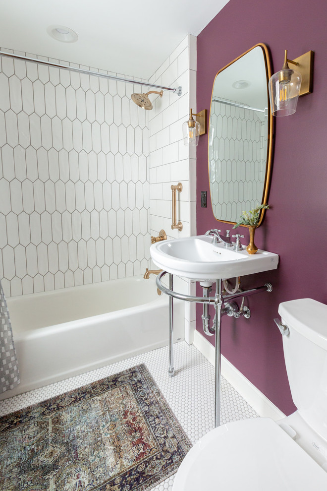 Alcove bathtub - mid-sized transitional white tile and porcelain tile porcelain tile and white floor alcove bathtub idea with a console sink