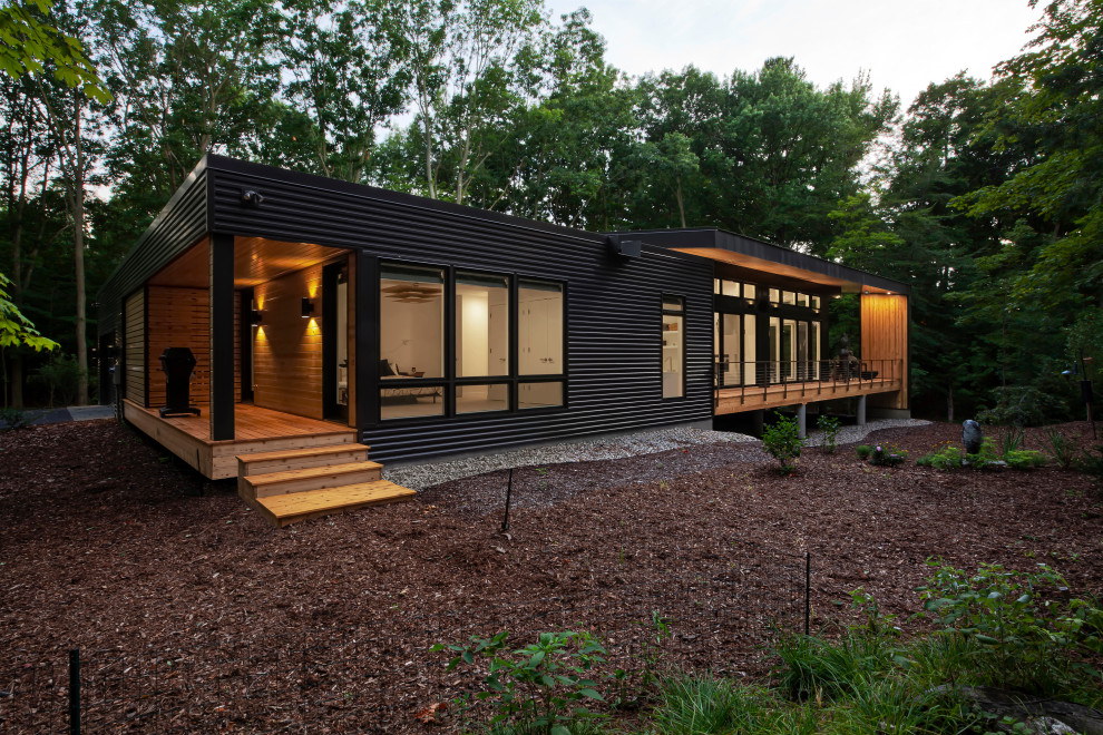 Cette photo montre une façade de maison métallique et noire rétro en bardage à clin de taille moyenne et de plain-pied avec un toit plat et un toit noir.