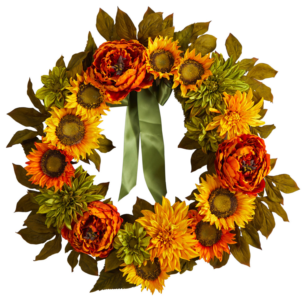 24" Peony, Dahlia and Sunflower Artificial Wreath Modern Wreaths