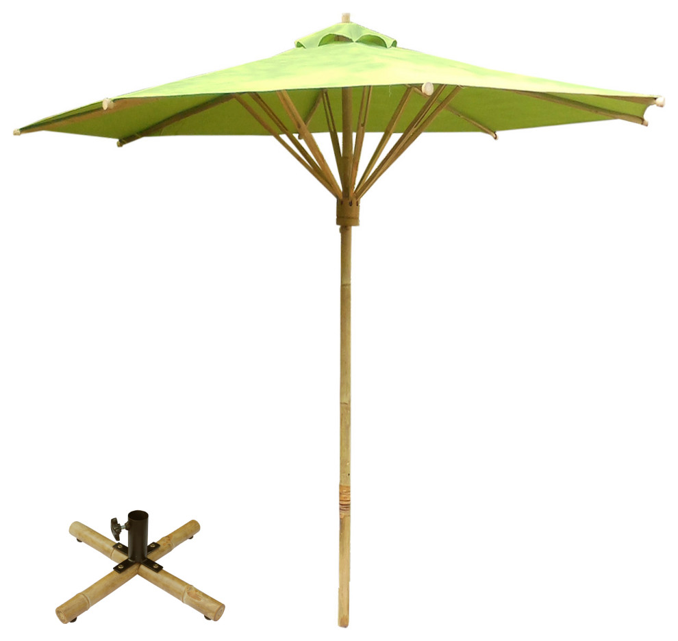 7 Foot Bamboo Umbrella With Pottery Polyester Canvas, Green