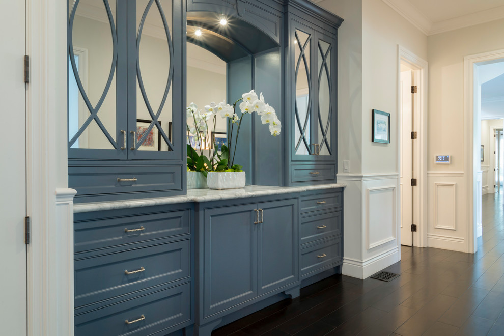 This is an example of a mid-sized contemporary hallway in Other with white walls and dark hardwood floors.