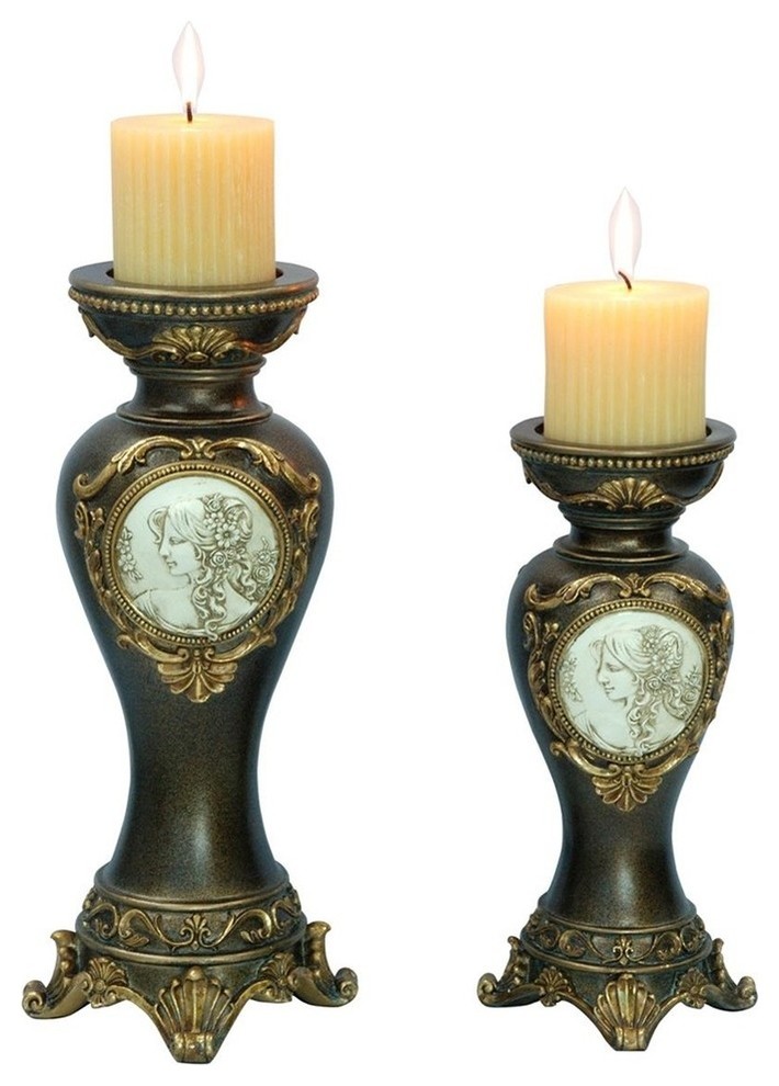 14"/11"H Handcrafted Bronze Decorative Candle Holder, Set of 2