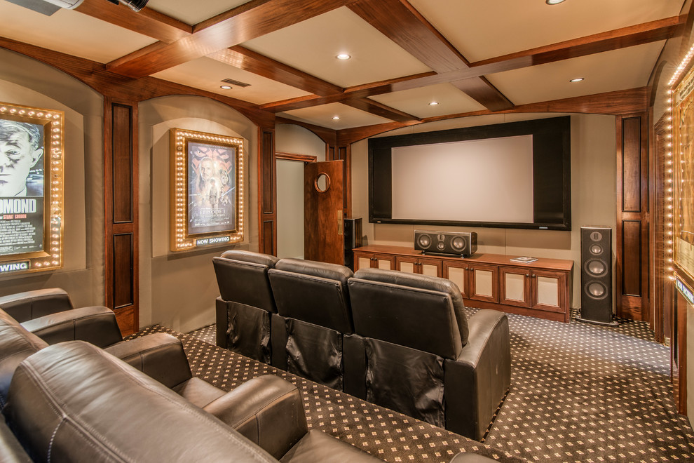 Design ideas for a mediterranean enclosed home theatre in Nashville with beige walls, carpet, a projector screen and multi-coloured floor.