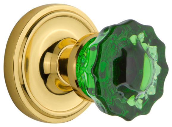 Classic Rosette Double Dummy Crystal Emerald Glass Knob, Polished Brass