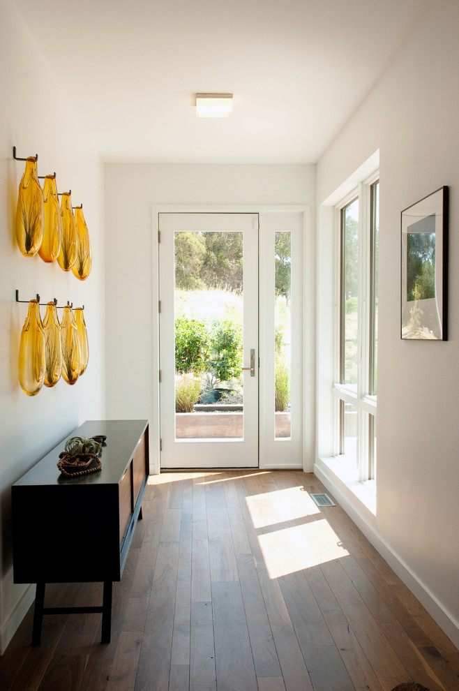 Small contemporary foyer in San Francisco with white walls, medium hardwood floors, a single front door and a white front door.