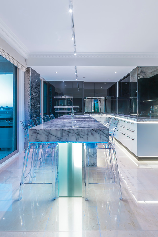 Design ideas for a mid-sized contemporary l-shaped eat-in kitchen in Sydney with an undermount sink, glass-front cabinets, black cabinets, marble benchtops, mirror splashback, black appliances, porcelain floors and with island.