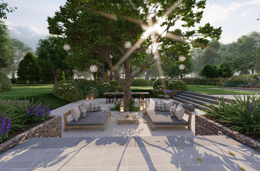 Проект участка с озером, бассейном и большой патио-зоной у дерева