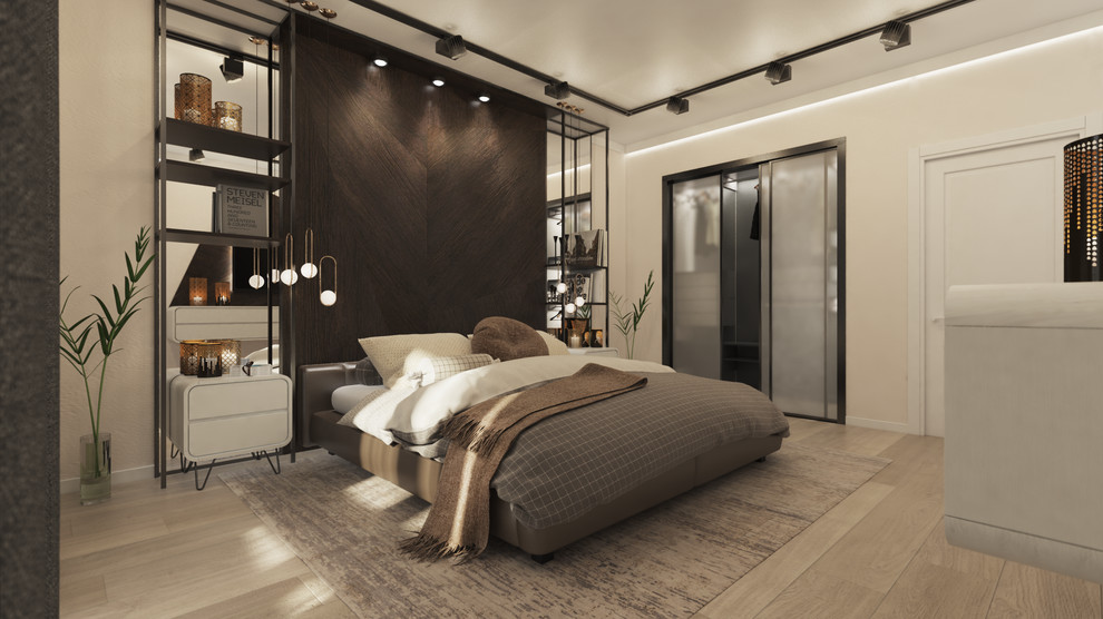 Спальня с гардеробной для молодой пары.