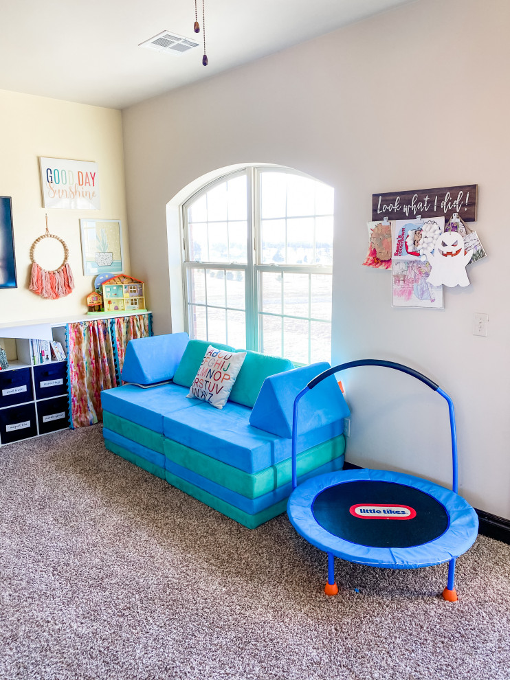 Playroom - huge eclectic gender-neutral carpeted and multicolored floor playroom idea in Oklahoma City with multicolored walls