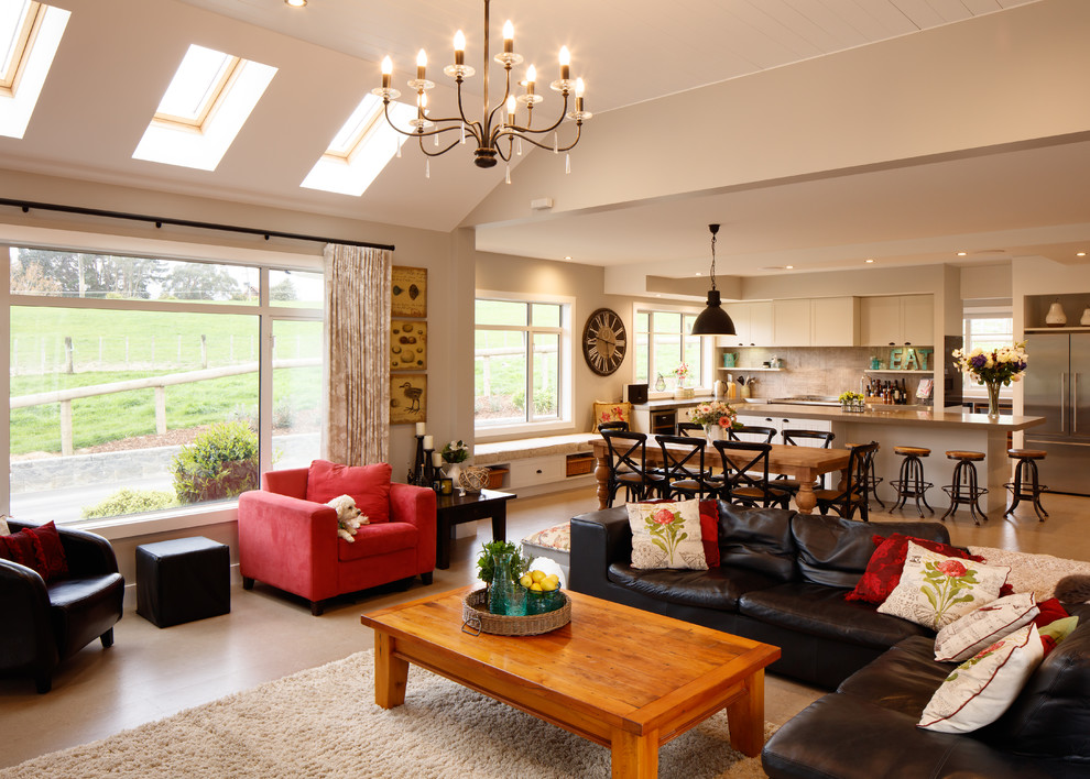 Design ideas for a Large country Formal Open Concept living room in Wellington With Cork Floors, a Standard Fireplace, a Metal Fireplace Surround and a Wall-mounted TV.