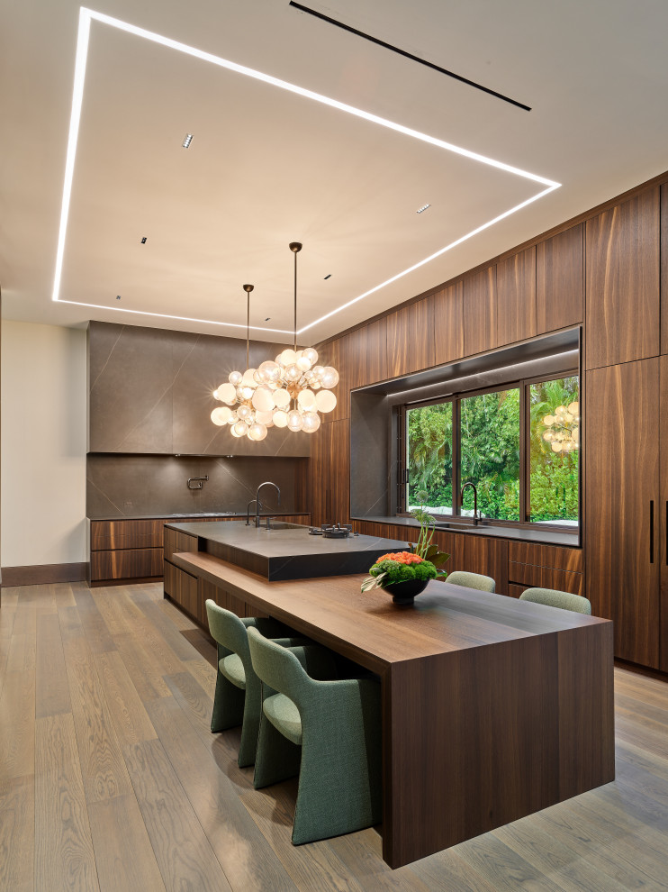 Design ideas for an expansive modern u-shaped separate kitchen in Miami with an undermount sink, flat-panel cabinets, brown cabinets, brown splashback, dark hardwood floors, with island, brown floor and brown benchtop.