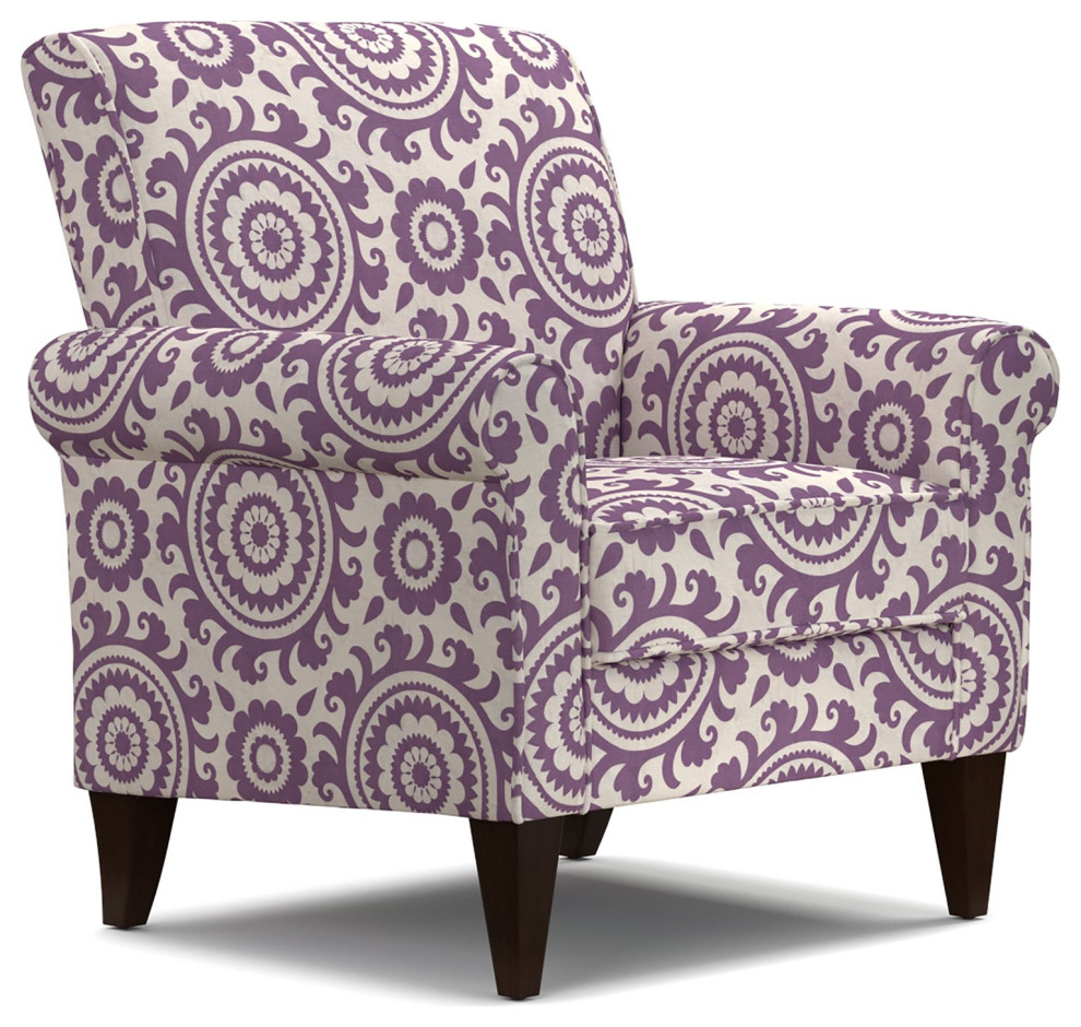 Unique Accent Chair, Amethyst Medallion Patterned Seat With Rolled Arms