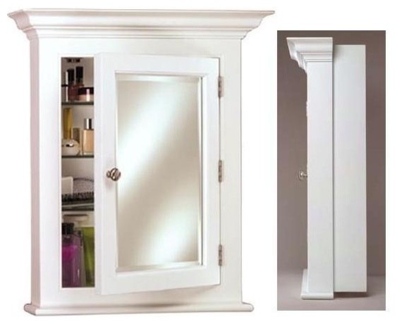 Wilshire 2 Wood Medicine Cabinet in White Finish w Beveled Mirror & Crown Moldin