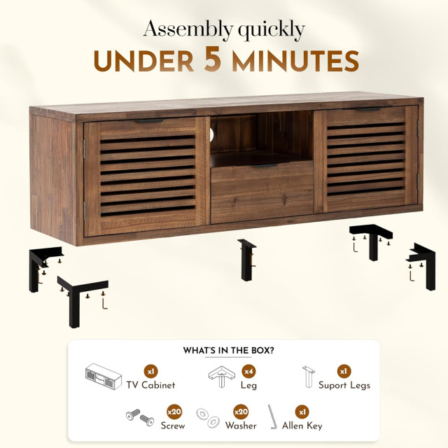 Rustic TV Stand, Louvered Cabinet Doors & Drawer With Metal Handles ...