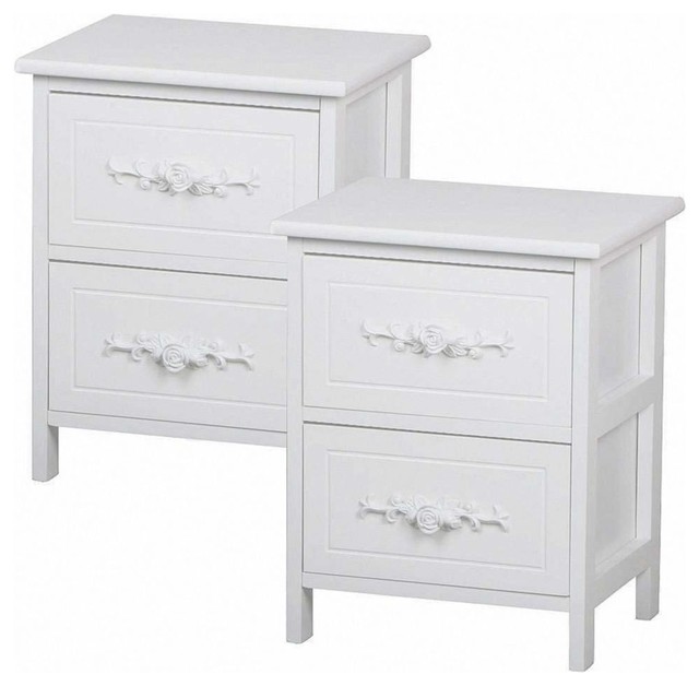 Modern Set of 2 Bedside Tables, White Finished Wood With 2-Storage Drawers