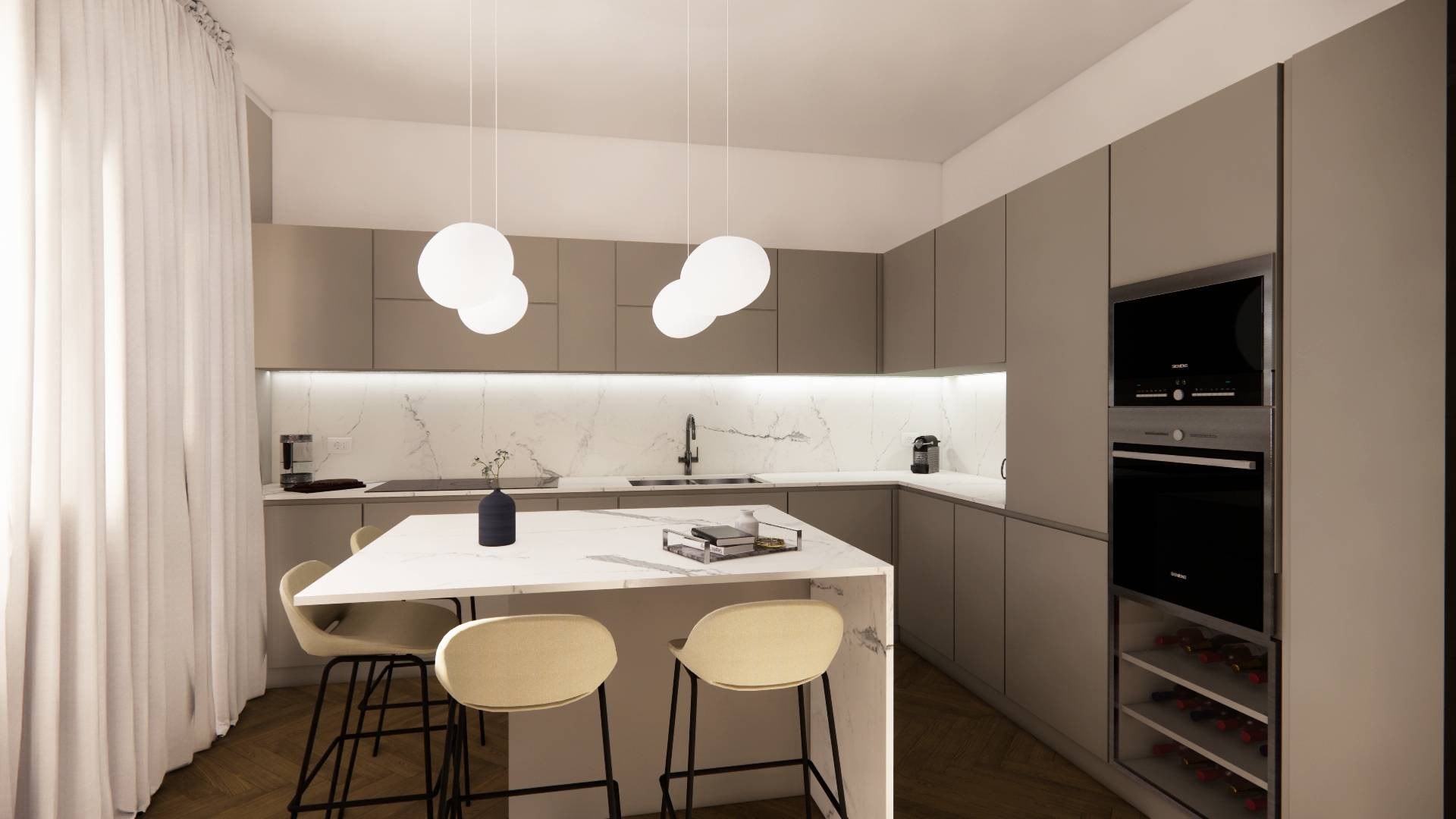 VIA SANZIO | Render cucina con isola