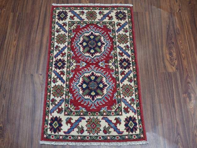 2'x3' Red Kazak Geometric Design Pure Wool Handmade Oriental Rug