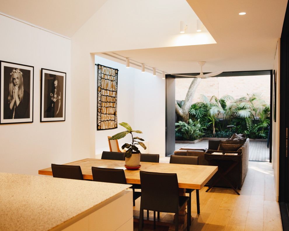 Photo of a mid-sized contemporary open plan dining in Sydney with white walls, light hardwood floors, no fireplace, brown floor and vaulted.