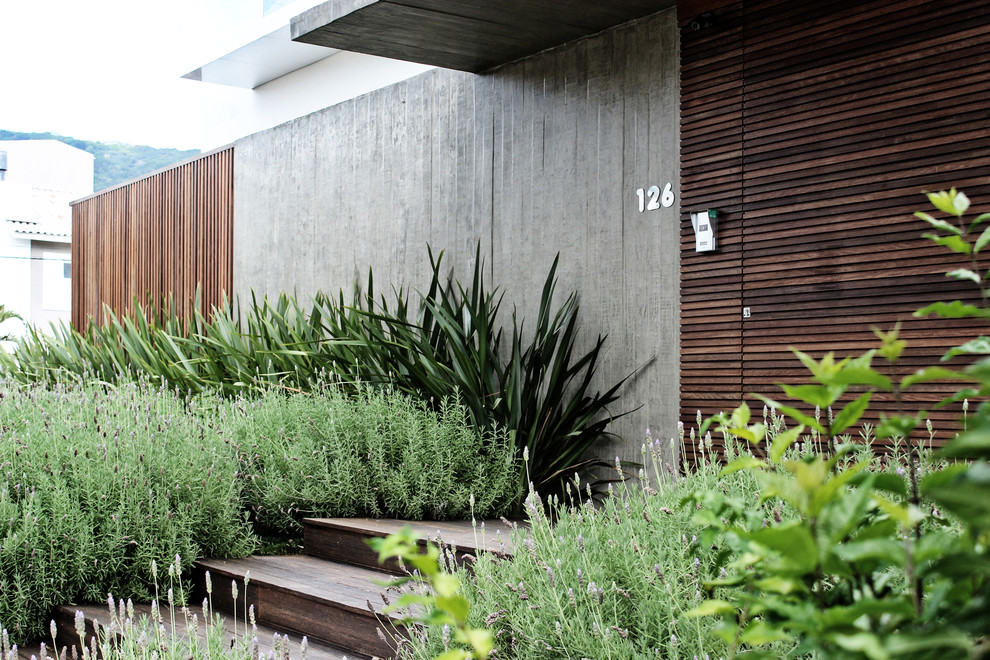Ejemplo de puerta principal grande con paredes grises, suelo de madera en tonos medios, puerta pivotante, puerta de madera en tonos medios y suelo marrón