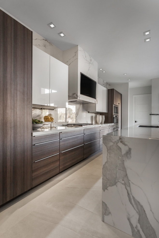 Large contemporary single-wall kitchen pantry in Miami with a single-bowl sink, flat-panel cabinets, medium wood cabinets, marble benchtops, white splashback, marble splashback, stainless steel appliances, ceramic floors, with island, white floor and white benchtop.