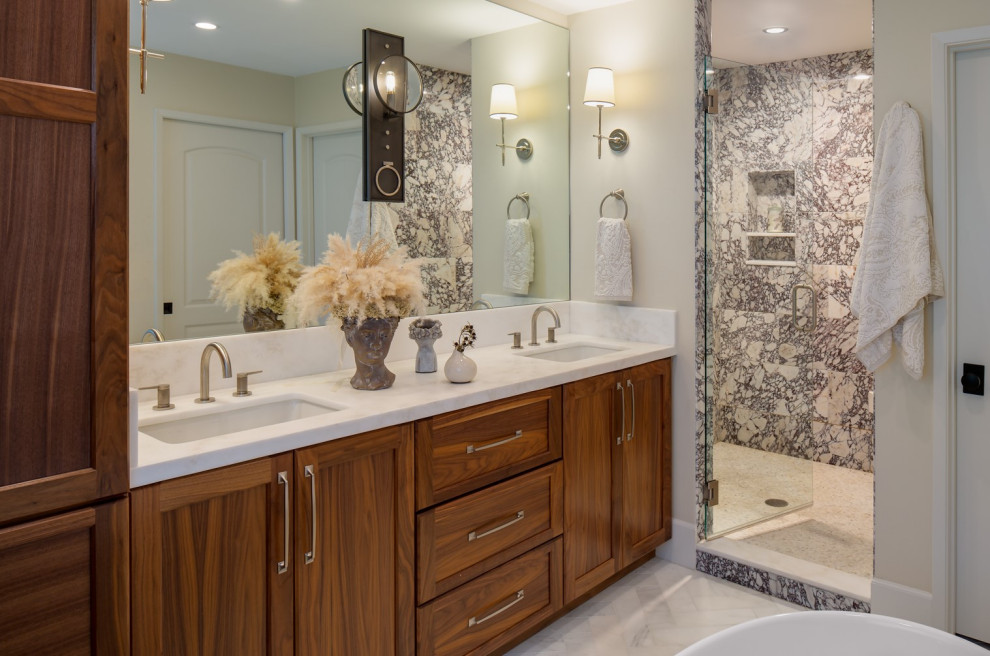 Example of a small minimalist master red tile and marble tile marble floor, white floor and double-sink bathroom design in San Diego with shaker cabinets, medium tone wood cabinets, white walls, an undermount sink, marble countertops, a hinged shower door, white countertops and a built-in vanity