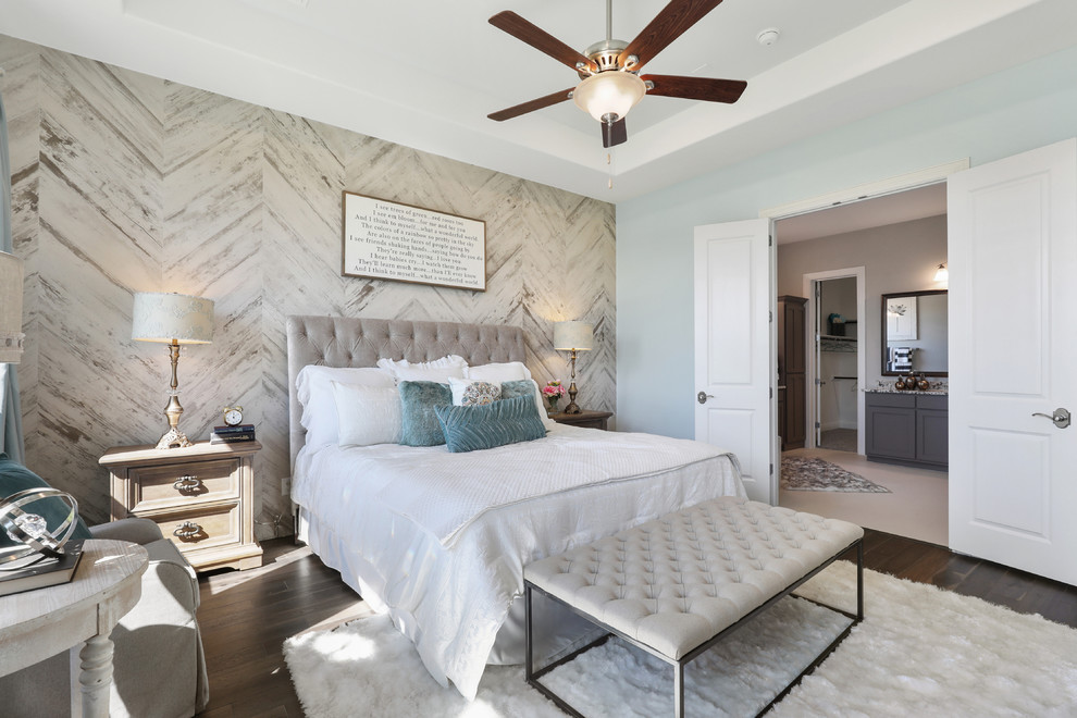 Design ideas for a mid-sized transitional master bedroom in Dallas with blue walls, brown floor and dark hardwood floors.