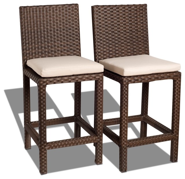 Monza 2 Piece Wicker Patio Barstool Set With Off White Cushions Monza 2 Piece Wicker Patio Barstool Set With Off White Cushions Tropical Outdoor Bar Stools And Counter By International Home Miami Corp
