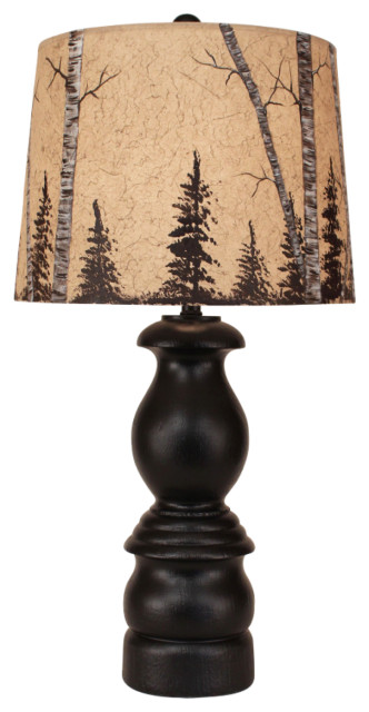 Small Antique Black Farmhouse Table Lamp With Birch Tree Shade
