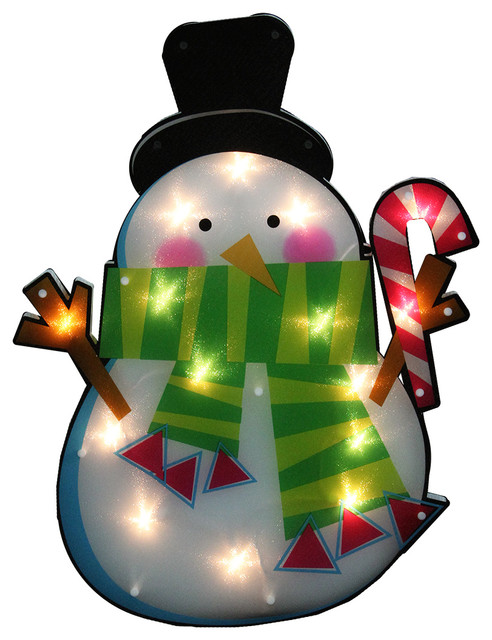 23 75 Lighted Shimmering Snowman With Candy Cane Christmas Window
