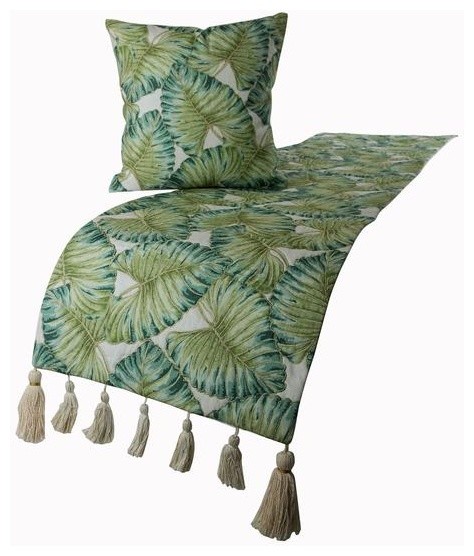 Green King 90"x18" Bed Runner, Linen Bed Throws, Tropical Feeling