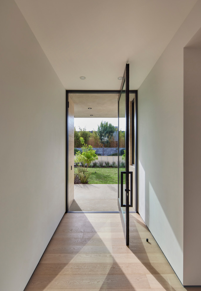Cette image montre une porte d'entrée minimaliste de taille moyenne avec un mur blanc, parquet clair, une porte pivot, une porte noire et un sol beige.