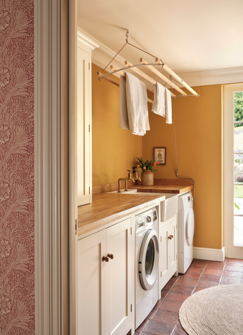 Gray Flat Panels and Chrome Hardware for Small Laundry Room