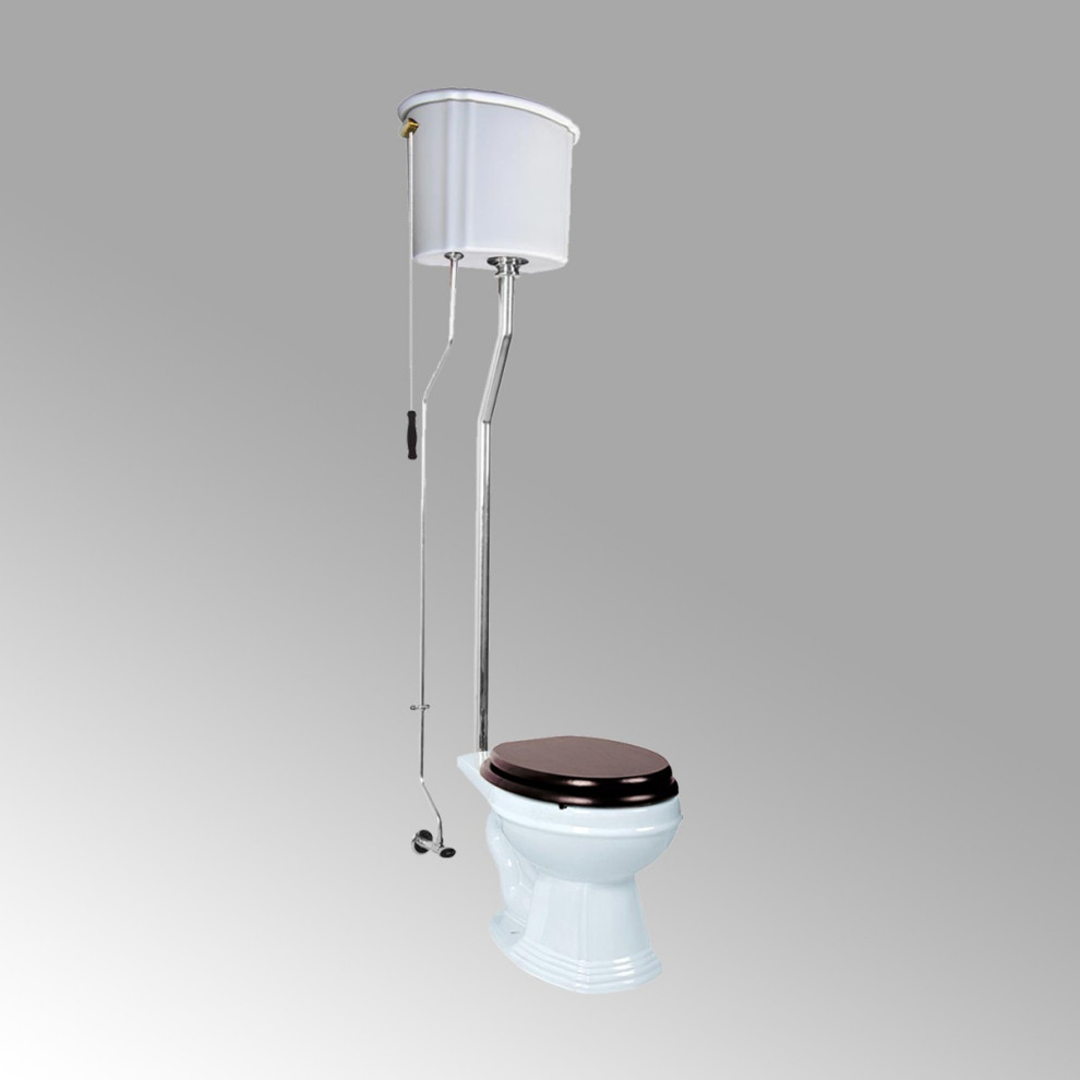 High Tank Pull Chain Toilet with White Elongated Bowl with Chrome LPipe Traditional Toilets