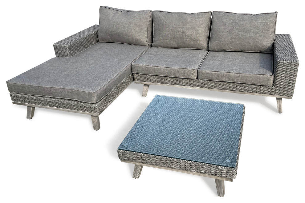 3Piece Wicker Outdoor Patio Sectional Set with Charcoal Gray Cushions