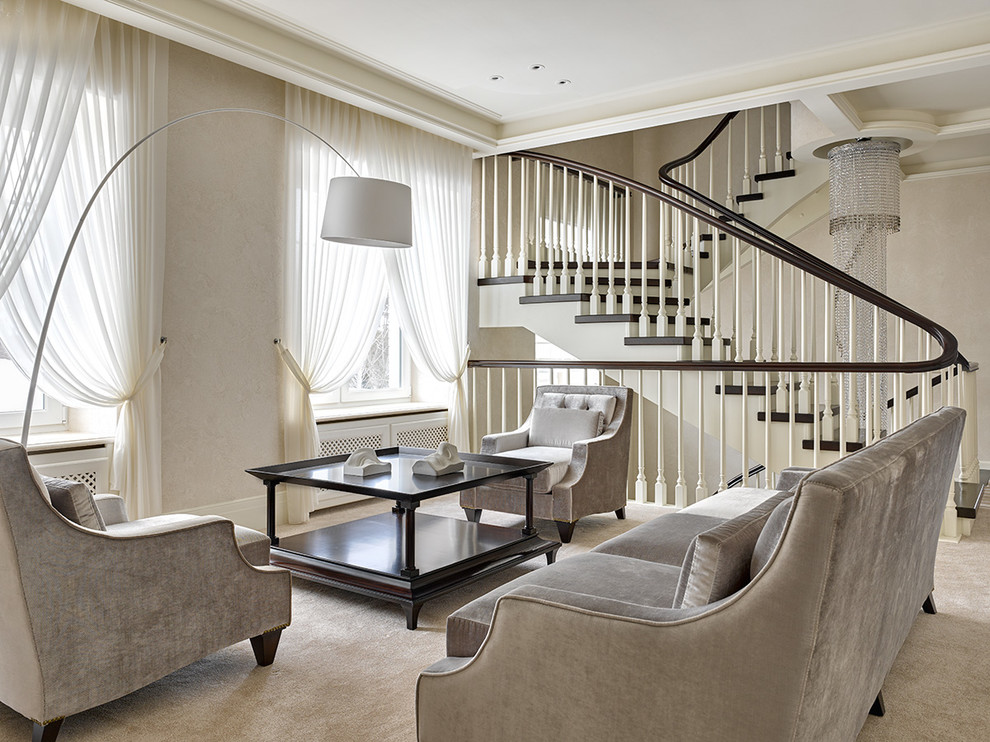 Inspiration for a transitional living room in Moscow with beige walls, carpet and beige floor.