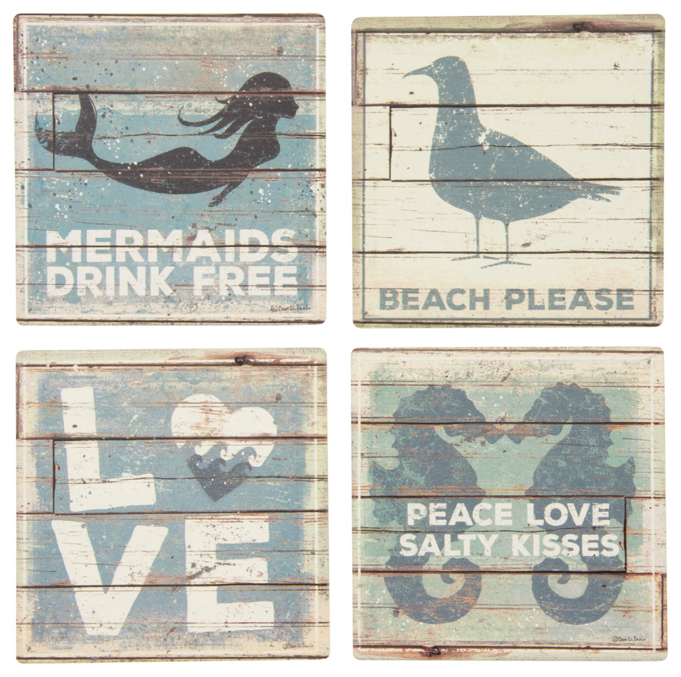 Mermaids Drink Free Love Beach Stone Drink Absorbent Coasters and Holder Set