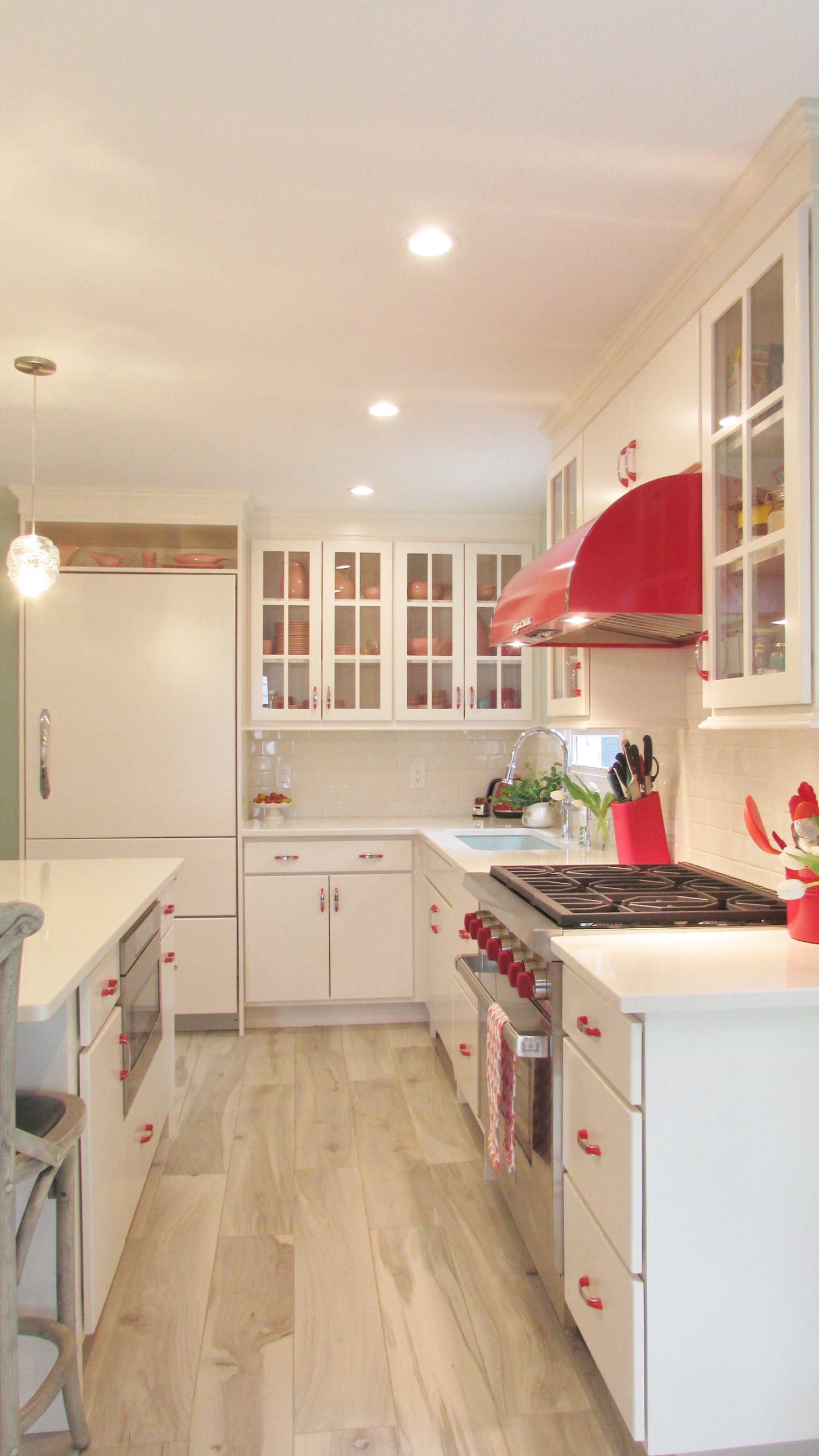 Off-White and Retro Red Accented Kitchen