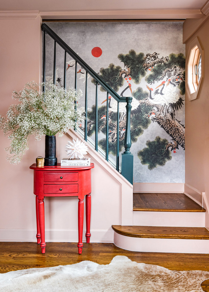 Inspiration for a small eclectic painted l-shaped wood railing and wallpaper staircase remodel in Chicago with wooden risers