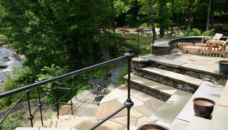 Design ideas for a mid-sized transitional backyard patio in Burlington with natural stone pavers and no cover.
