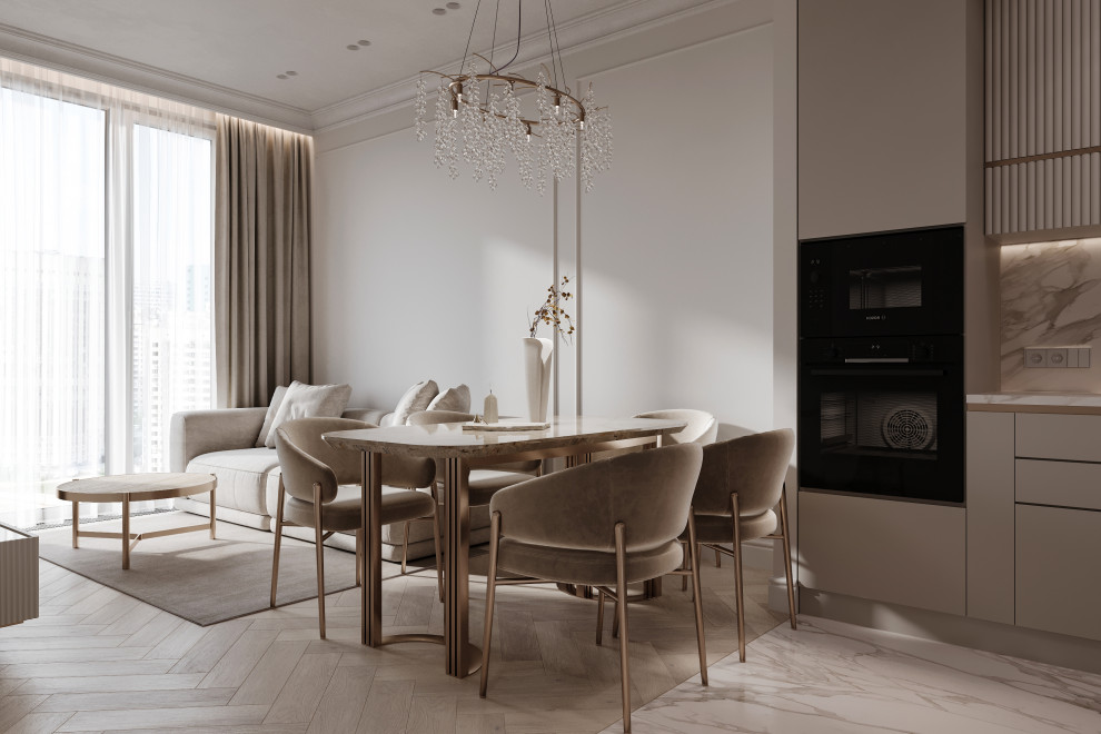 Интерьер бежевое кухни-гостиной 21м2