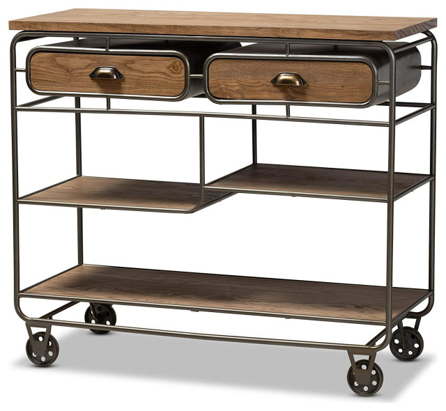 Industrial Kitchen Trolley Cart, Unique Design With 2 Drawers, Oak