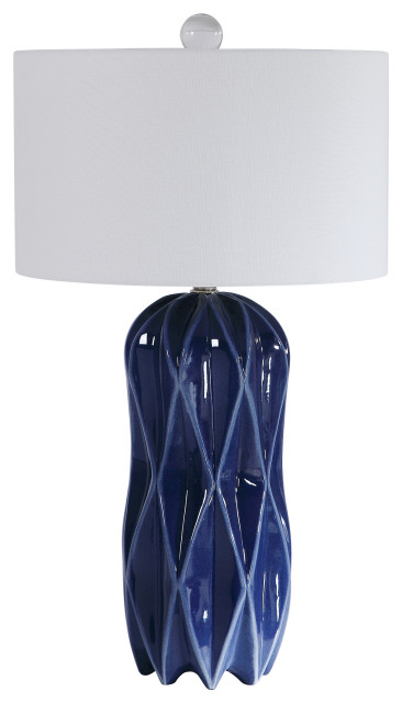 Modern Embossed Blue Diamond Pattern, White Lattice Ceramic Table Lamp