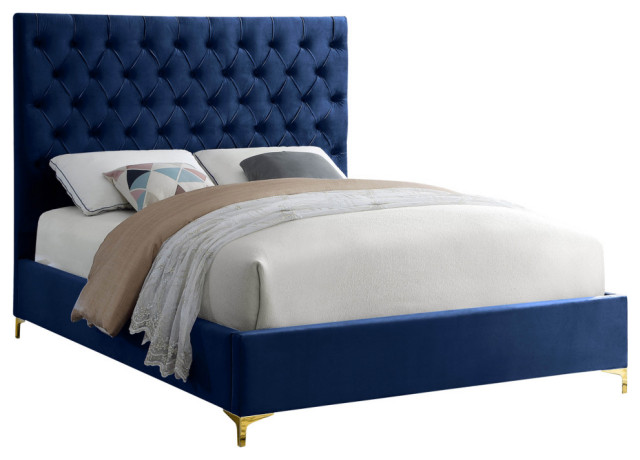 Cruz Velvet Upholstered Bed, Navy, Queen