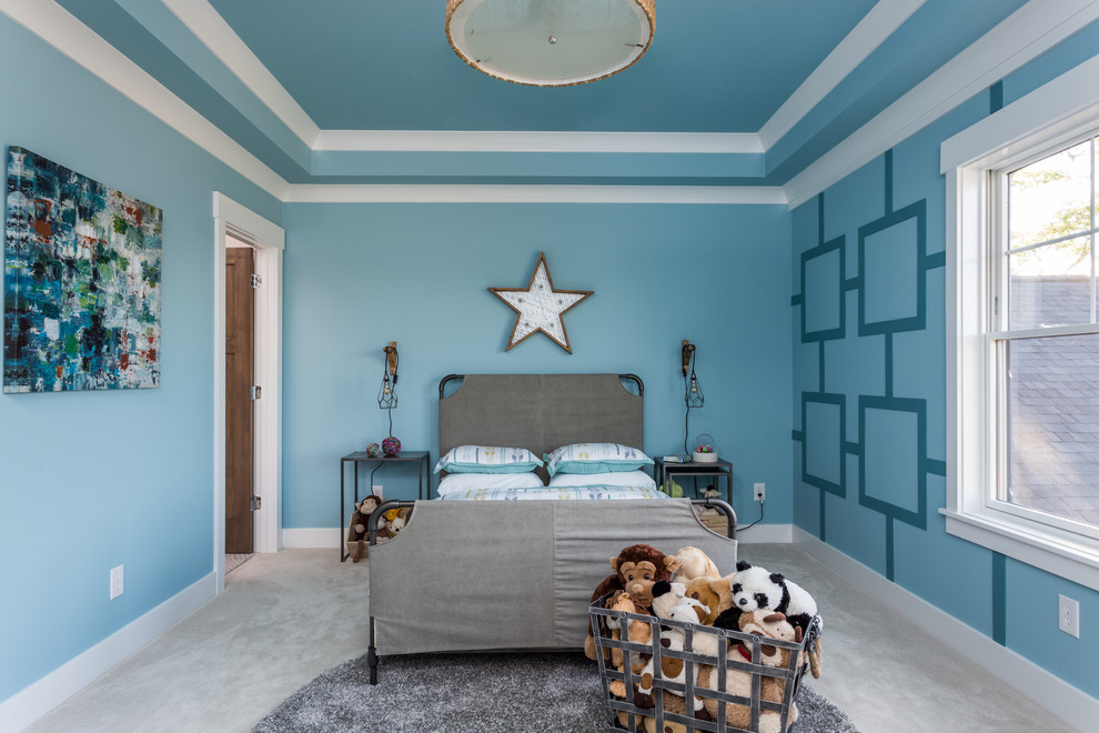 Transitional kids' bedroom in Indianapolis with blue walls and carpet.