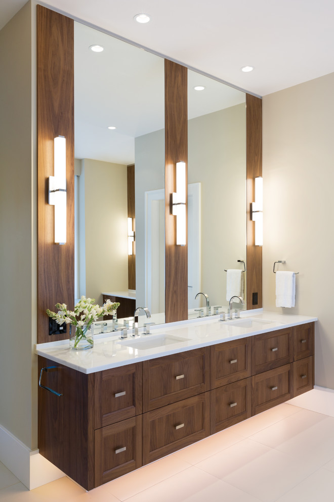 Large traditional master bathroom in Vancouver with shaker cabinets, medium wood cabinets, beige walls, porcelain floors, an undermount sink, engineered quartz benchtops and beige floor.