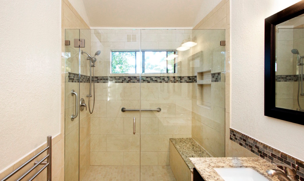 Inspiration for a small modern 3/4 bathroom in San Francisco with dark wood cabinets, an alcove shower, brown tile, glass tile, beige walls, an undermount sink, granite benchtops and a hinged shower door.