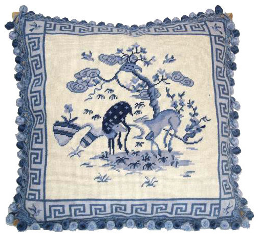 Deer Toil Needlepoint Pillow Blue And White Traditional