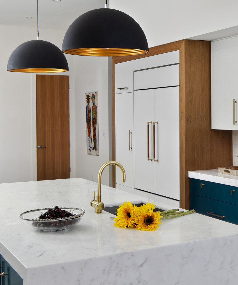 Design ideas for a large midcentury eat-in kitchen in San Diego with an undermount sink, flat-panel cabinets, green cabinets, marble benchtops, white splashback, ceramic splashback, stainless steel appliances, medium hardwood floors, with island, grey floor, white benchtop and vaulted.