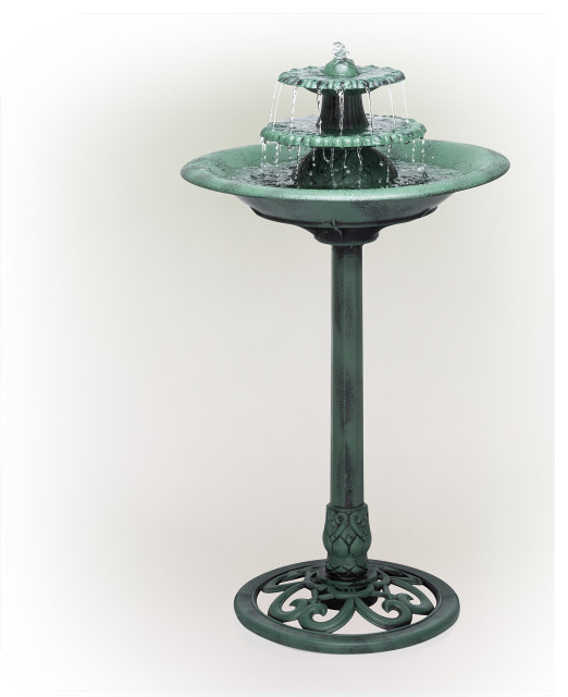 Alpine Tiered Pedestal Garden Water Fountain and Birdbath, Dark Green, 35" Tall