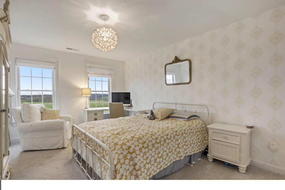 Example of a mid-sized transitional guest carpeted and wallpaper bedroom design in DC Metro with gray walls